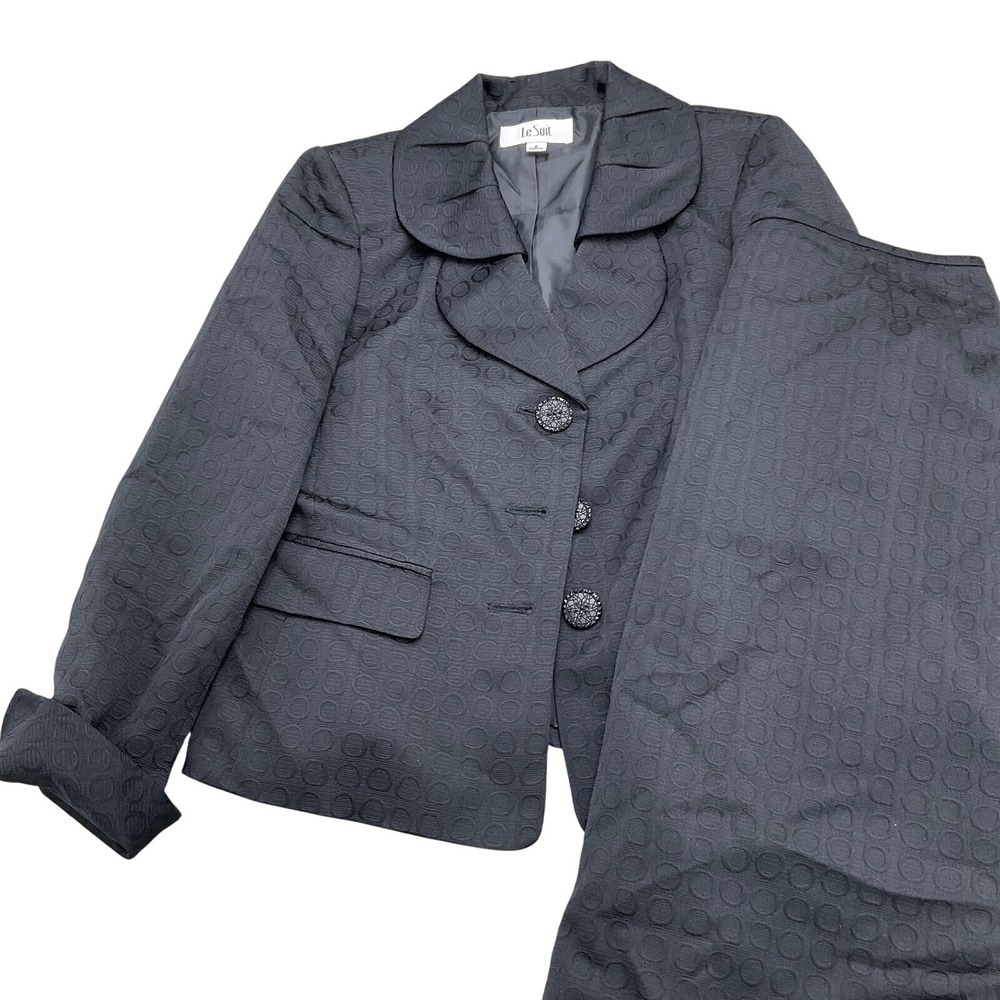 Le Suit‎ Set Women Jacket 6 Skirt 8 Black Circle Texture Pleat Collar Formal VTG